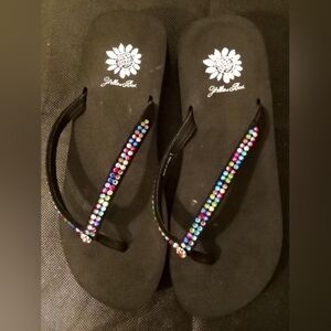 Yellow Box -#2 NWT Black Flip Flops with Multicolor Rhinestones, Size 7, No Box